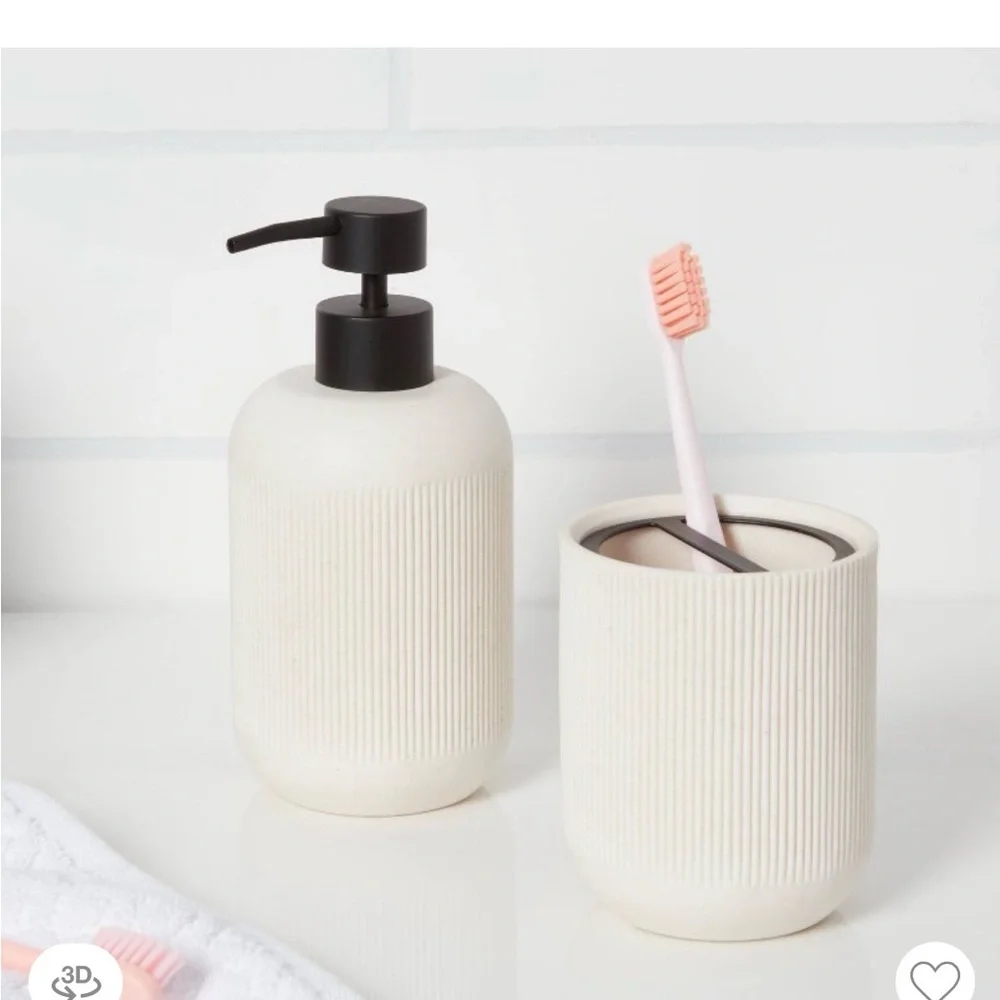 Neutral Cream Ceramic Bathroom Soap Dispenser and Toothbrush Holder Set